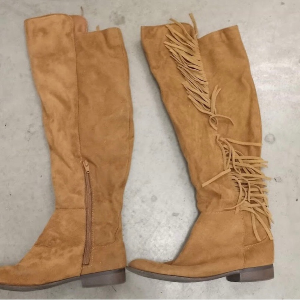Tan / darker tan fringe knee boots